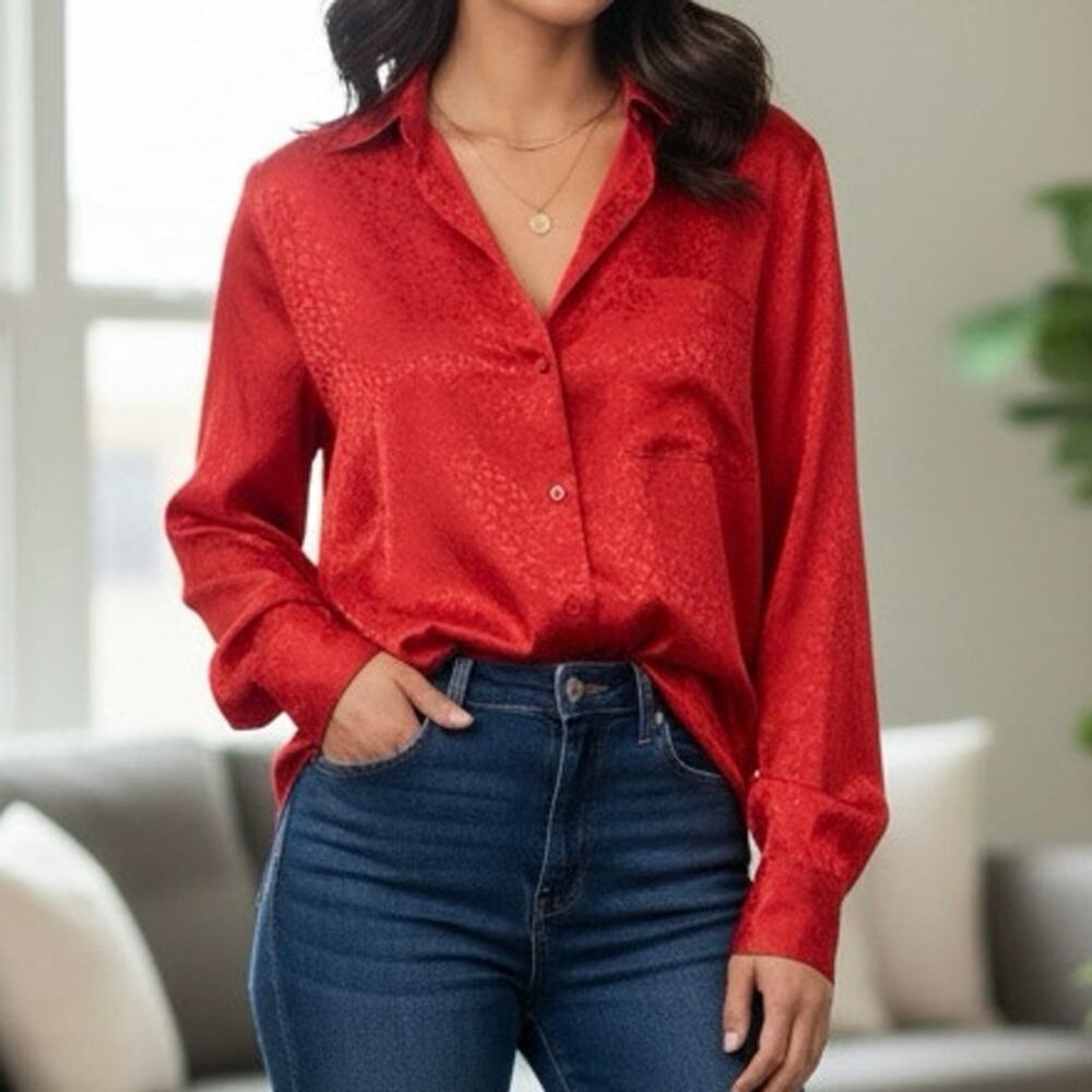 Vintage Messages Red Paisley Embossed Polyester Button Down Blouse Size 10